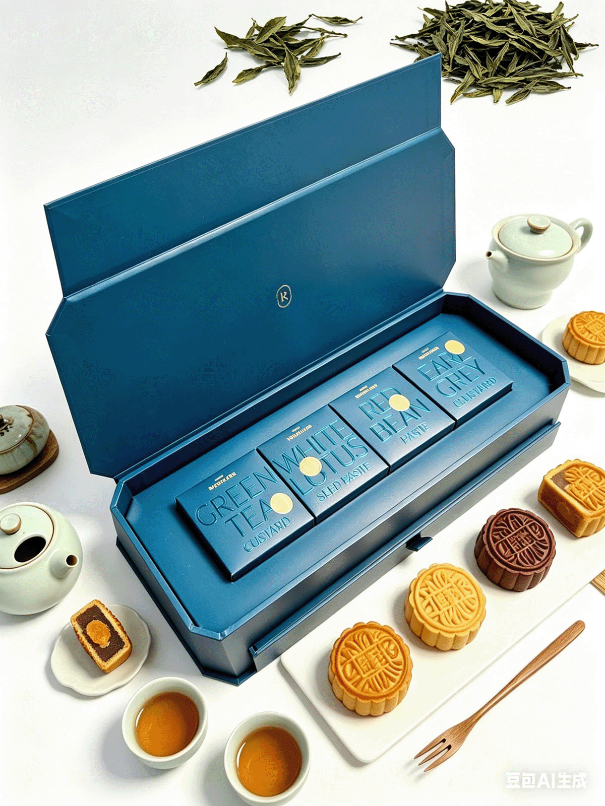 A blue box with tea bags and cookies.

Description generated by AI